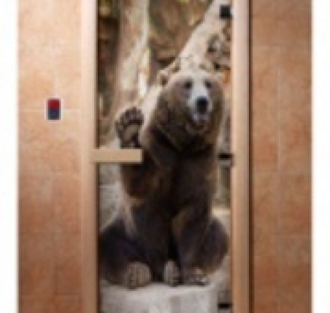 Тут изображение Дверь с фотопечатью, арт.А061, 190х70, 8 мм, 3 петли, коробка ольха. Банный Эксперт