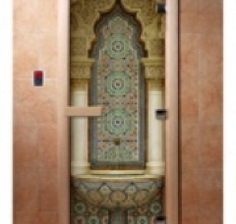 Тут изображение Дверь с фотопечатью, арт.А025, 190х70, 8 мм, 3 петли, коробка ольха. Банный Эксперт
