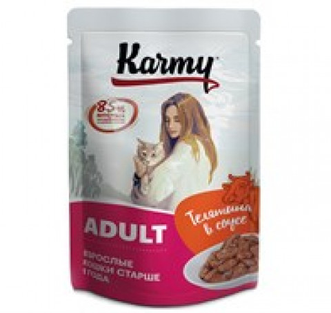 Тут изображение Karmy Эдалт, Телятина, Консервированный полнорационный корм для кошек старше 1 года (мясные кусочки в соусе), 80 гр