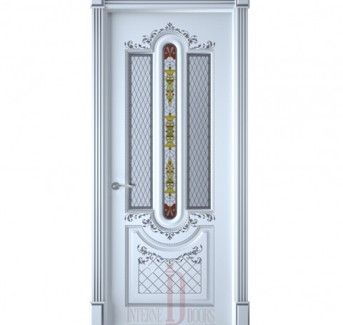 Тут изображение Межкомнатная дверь Александрия ПО белая эмаль патина серебро