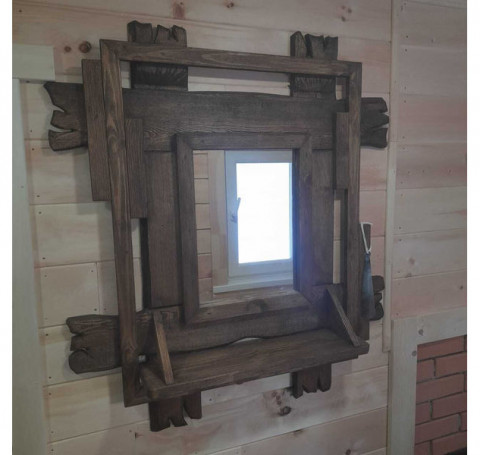 Тут изображение Зеркало деревянное с полкой для бани