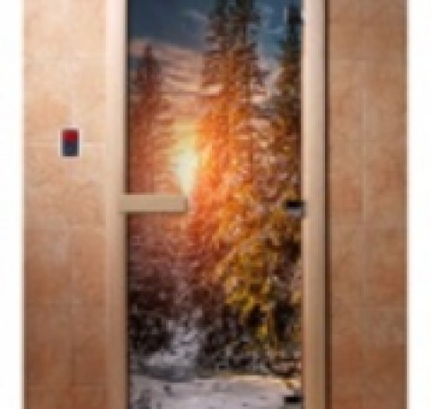 Тут изображение Дверь с фотопечатью, арт.А093, 190х70, 8 мм, 3 петли, коробка ольха. Банный Эксперт