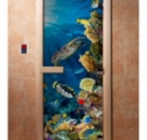 Тут изображение Дверь с фотопечатью, арт.А087, 190х70, 8 мм, 3 петли, коробка ольха. Банный Эксперт